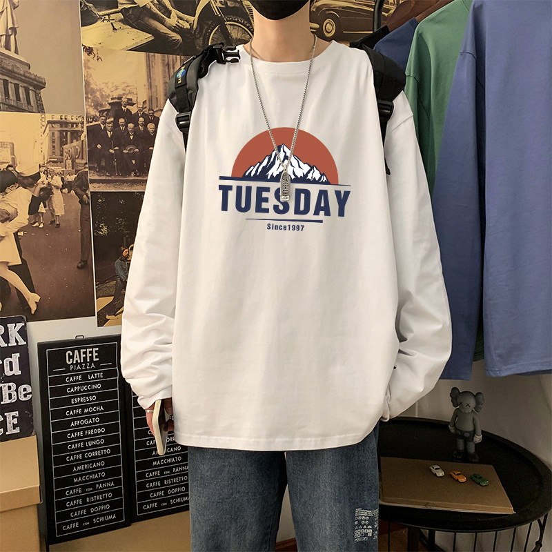 Long sleeve T-shirt men's fall new men beating undershirt T-shirt white spring and autumn money trends ins 100 lap loose pure cotton