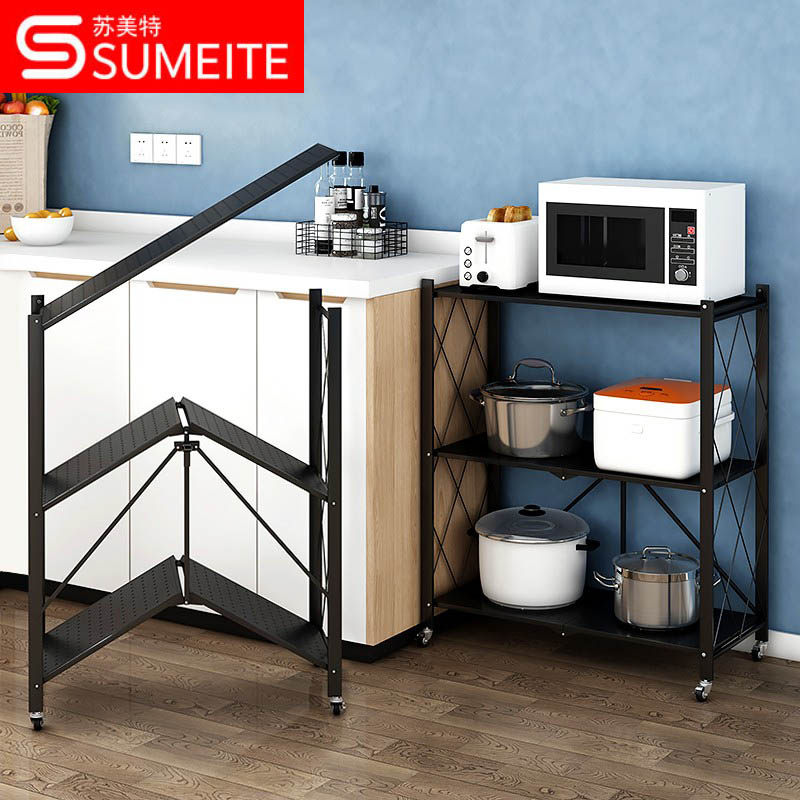 Installation-free folding shelves Shelves Domestic Kitchen Shelving Shelving Racks With Wheels Small Trolleys Shelves Triple Black