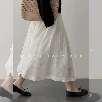 White Lace Trim Skirt for Women, Spring and Summer, Petite, Drapey, High-Waisted A-Line Skirt, Embroidered French Umbrella Skirt