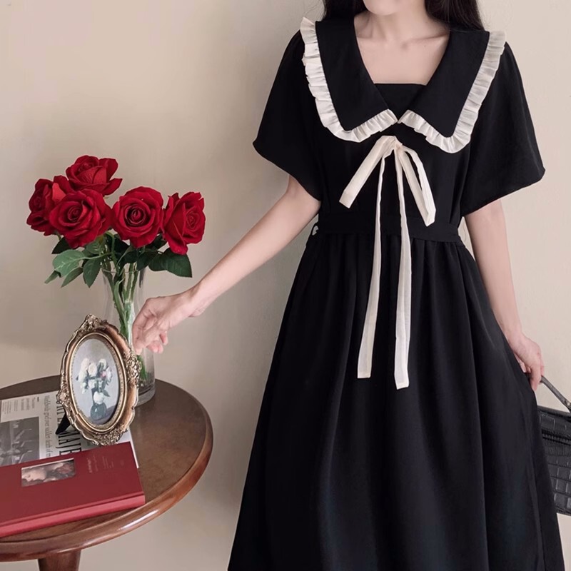 Plus Size Women's Short-Sleeved Doll Collar Dress, New Summer Style for Chubby Girls, Waist-Cinching, Slimming, Hepburn Style Long Dress for Women