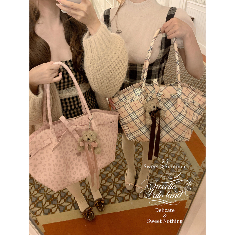 Lalacita/She Is Beautiful Original Girly Pink Tote Bag Leopard Print Plaid Large Capacity Commuter Shoulder Bag Lalacita/She Is Beautiful Original Girly Pink Tote Bag Leopard Print Plaid Large Capacity Commuter Shoulder Bag