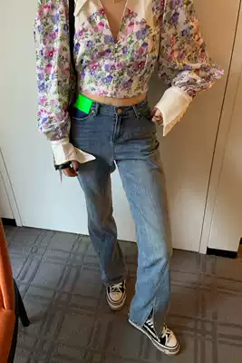 2021 spring and summer New irregular split denim trousers micro wide legs Daddy Pants star with retro high waist women