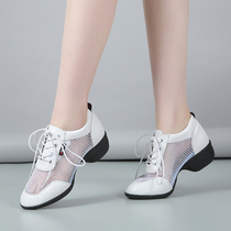 White dance shoes female summer soft outside wearing leather square dance shoes new mesh breathable adult sailor dancing shoes