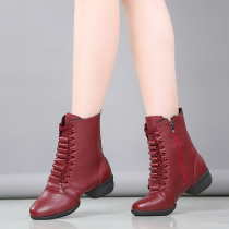 Winter plus velvet dance boots red strap high-top dance shoes Adult dance shoes womens soft-soled mid-heel square dance boots