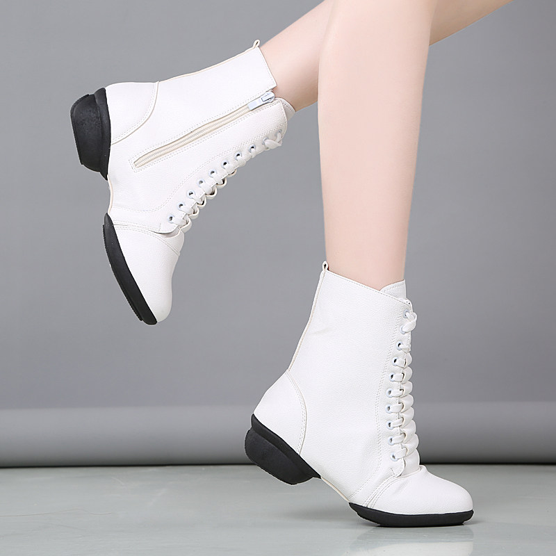 White high-top dance shoes women's soft bottom autumn and winter plus velvet square dance shoes leather modern dance dance shoes sailor dance boots