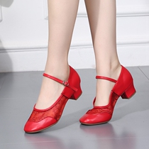 Summer mesh breathable dance shoes womens soft-soled flat-bottomed practice shoes performance square dance shoes leather adult dance shoes