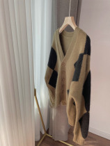 2024 Spring new Korean version lumpy lozenge knit cardiovert loose color temperament V collar sweater jacket