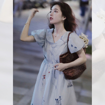 Summer floral blue puff sleeve tea break platycodon French high-end dress autumn dress for women 2024 new style