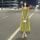 Зеленый корсет, летнее платье, юбка, французский стиль, квадратный вырез, изысканный стиль