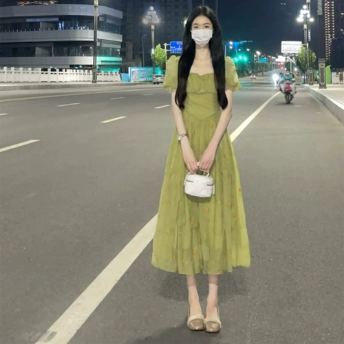 Зеленый корсет, летнее платье, юбка, французский стиль, квадратный вырез, изысканный стиль