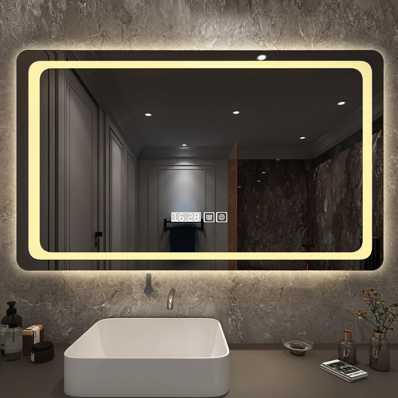Nordic smart bathroom mirror with light backlight warm and cold touch screen Anti-fog powder room LED makeup mirror square hanging mirror