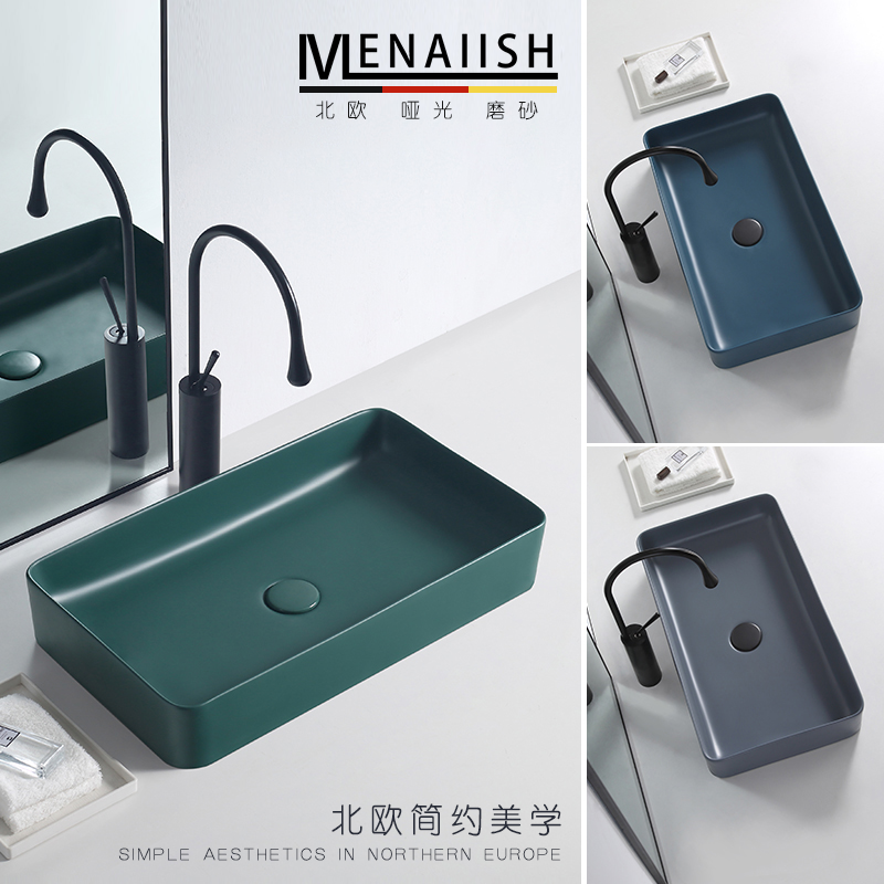Nordic matte dark green countertop basin household wash basin single basin blue gray ceramic sink square washbasin