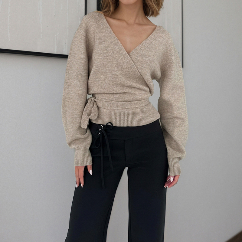 Weekeep Solid Color Simple V-Neck Cross-Tie Waist Slim Long-Sleeve Sweater for Women Versatile Slim Knit Top for Autumn