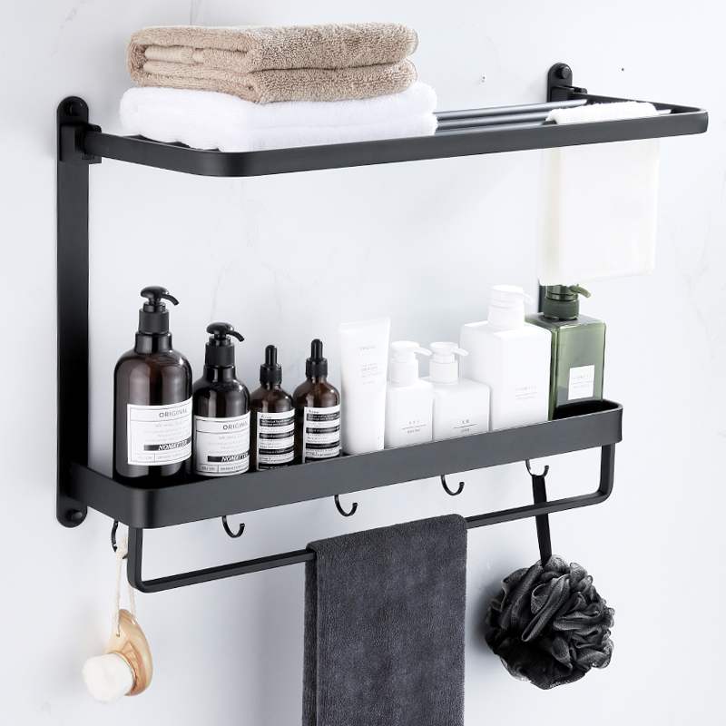 Space Aluminum Black Bathroom Shelf Wall-mounted Makeup Room Bath Towels Multilayer Toilet Hardware Bathroom Pendant