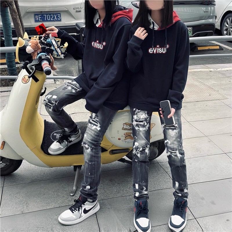 American High Street Style D2 Light Luxury Outfit Splash-Ink Jeans with Fake Holes, Slim Fit, Loose Casual Unisex Long Pants Trendy