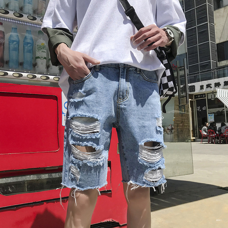 Summer ripped jeans men's pants casual shorts Korean version of the trend bf Hong Kong style loose straight wild five-point pants