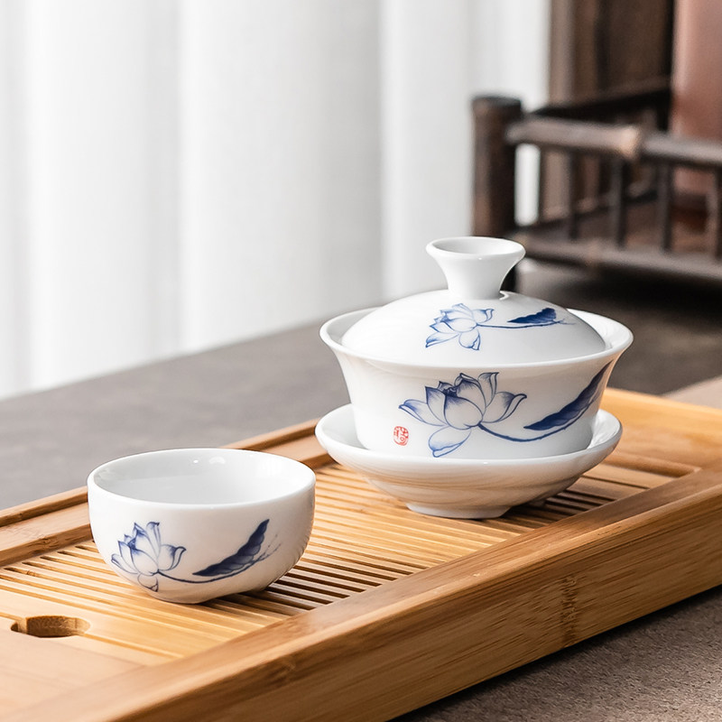 Lanyang Kung Fu Tea Set Suit Ceramic Teapot Cover Bowl Tea Bowl Qinghua White Porcelain Simple Household Small Suit Special Price-Taobao