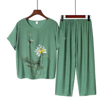 Summer middle-aged and elderly womens cotton and linen short sleeve two-piece loose size mother dress printed summer coat