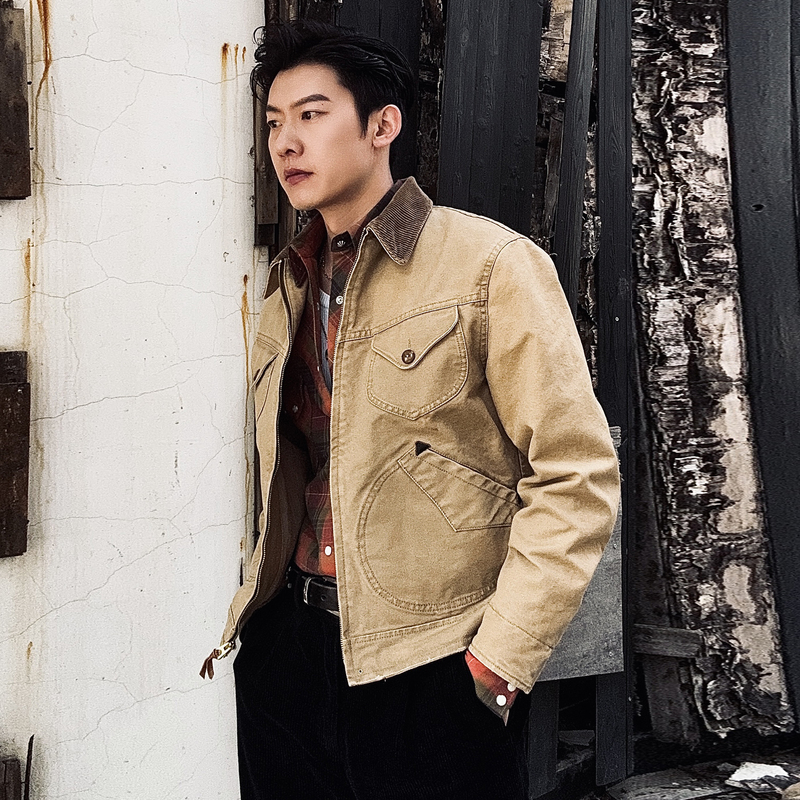 American Retro Washed Vintage Canvas Mendoza Western Jacket Corduroy Collar Classic Colt Coat Bussa