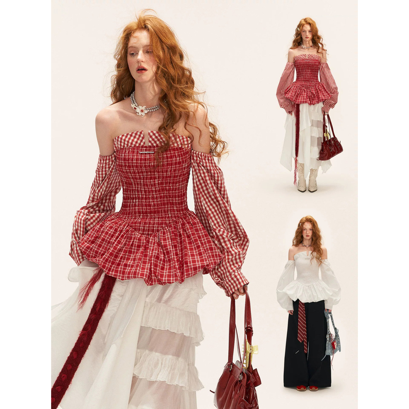Nan Striped Ruched Tube Top Bubble Dress Women's Spring New White Elegant Waist-Cinching Long-Sleeve Dress