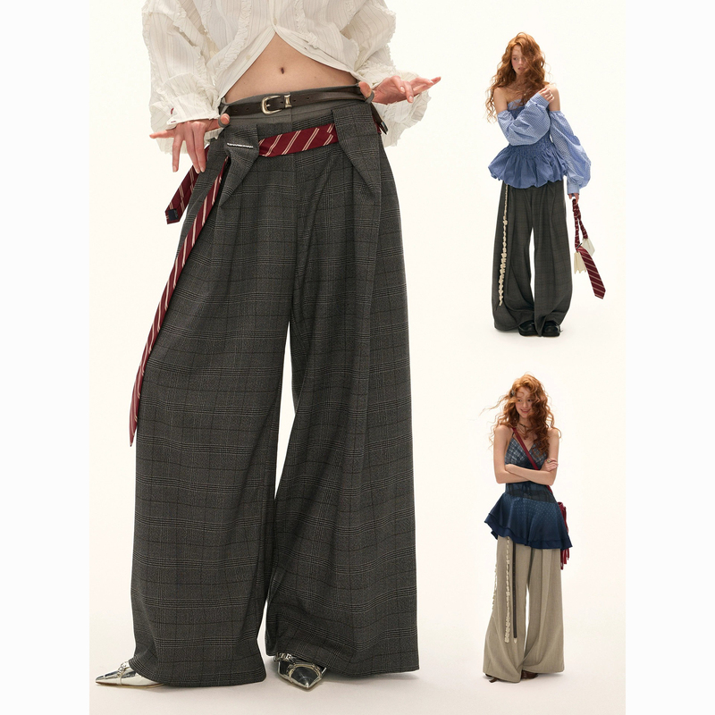 Nan Double-Waist Plaid Trousers 2026 Spring New Design Loose Straight Casual Pants High-End Trousers