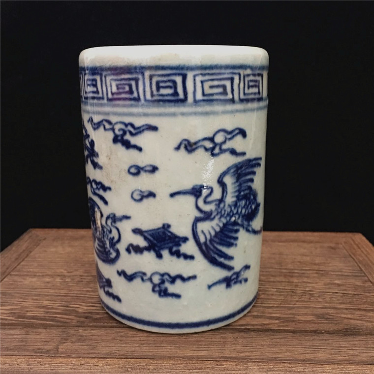 Clear Light Clue Green Flower Hand Painted Clouds Crane Pen Holder Wenfang Four Treasure Antique Ancient Play Imitation Ancient Objects Vintage Old Goods-Taobao