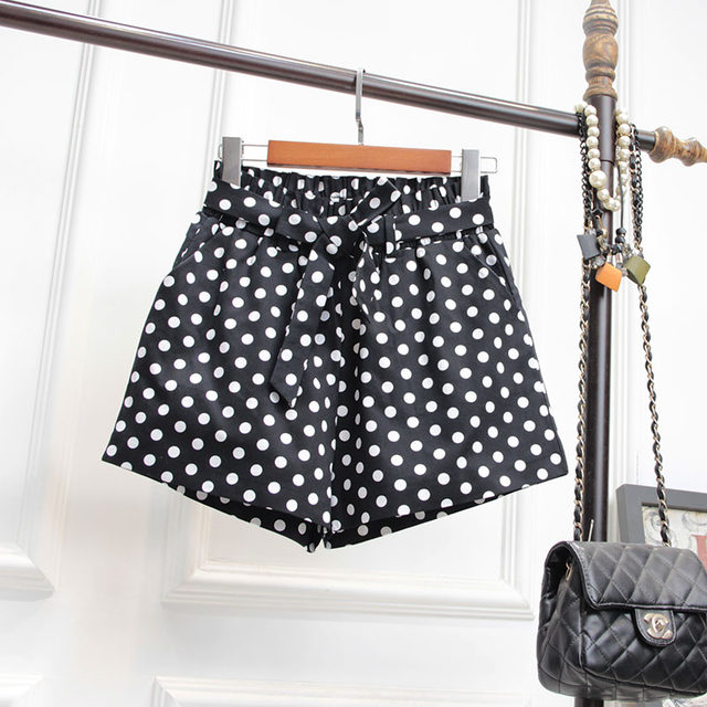 Polka dot flower bud plus sizes shorts for women 23 summer style Korean bow tie loose slimming high waist wide leg pants hot pants