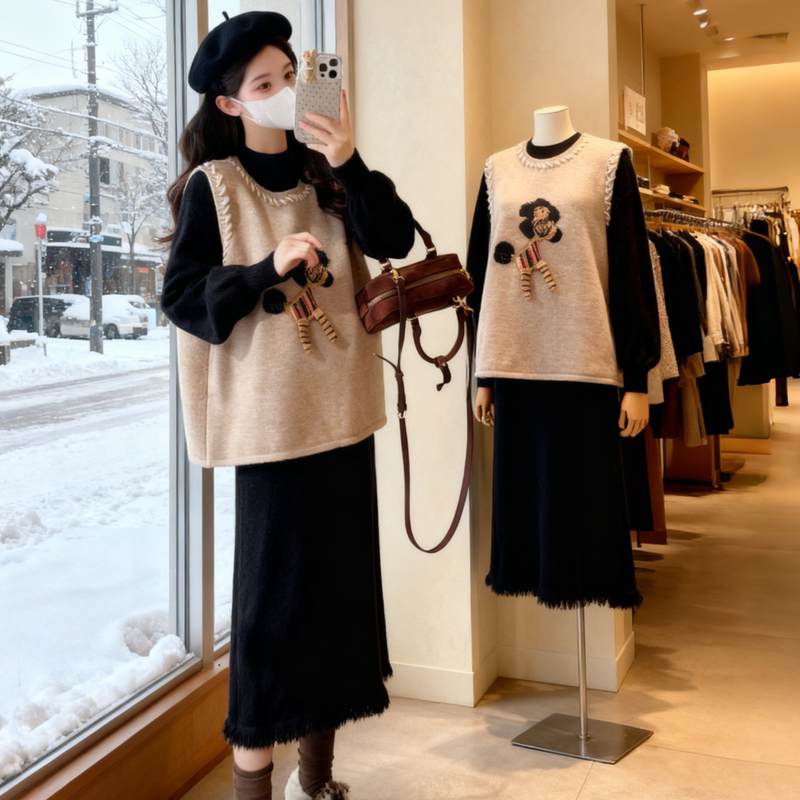 Autumn and Winter 2026 New Plus-Size Women's Clothing, Slightly Chubby French Gentle Style Long Skirt, Base Knit Two-Piece Suit Dress