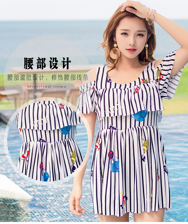 Áo tắm dành cho người lớn Áo tắm nữ cỡ lớn Đồ bảo thủ có sọc liền kề Boxer đồ bơi liền thân tay dài