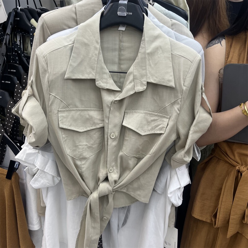 2026 Summer New Korean Style Loose Irregular Hem Tie Waist Short-Sleeved Shirt Top for Women, Fashionable and Slimming