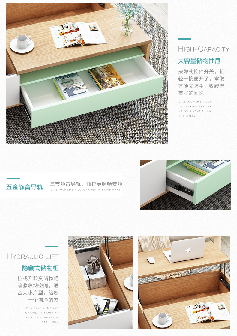 Jieshiwei Bắc Âu sáng tạo nâng bàn cà phê hiện đại tối giản màu đa chức năng kính thiên văn nhỏ bàn trà phòng khách - Bàn trà bàn trà sofa