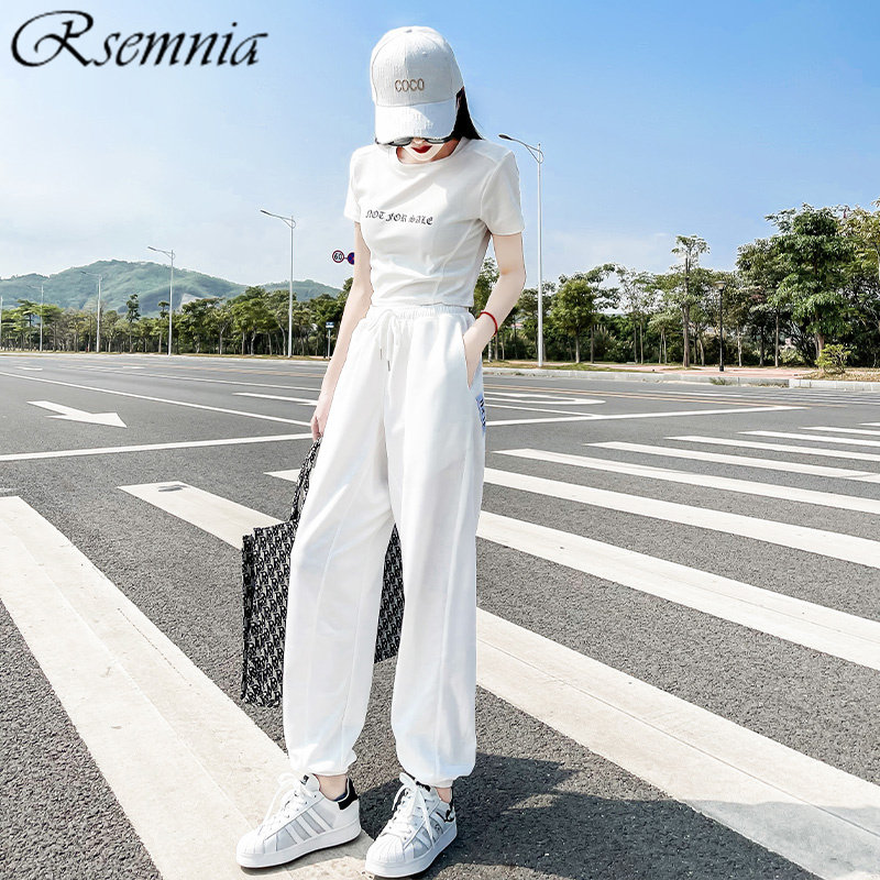 RSEMNIA Light Lavish Leisure Sports Suit Women Summer Thin fashion Slim Fit down white blouse Two sets