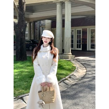 白里 留洋白月光 赫本风冬日氛围感收腰大裙摆大衣毛呢长款外套女