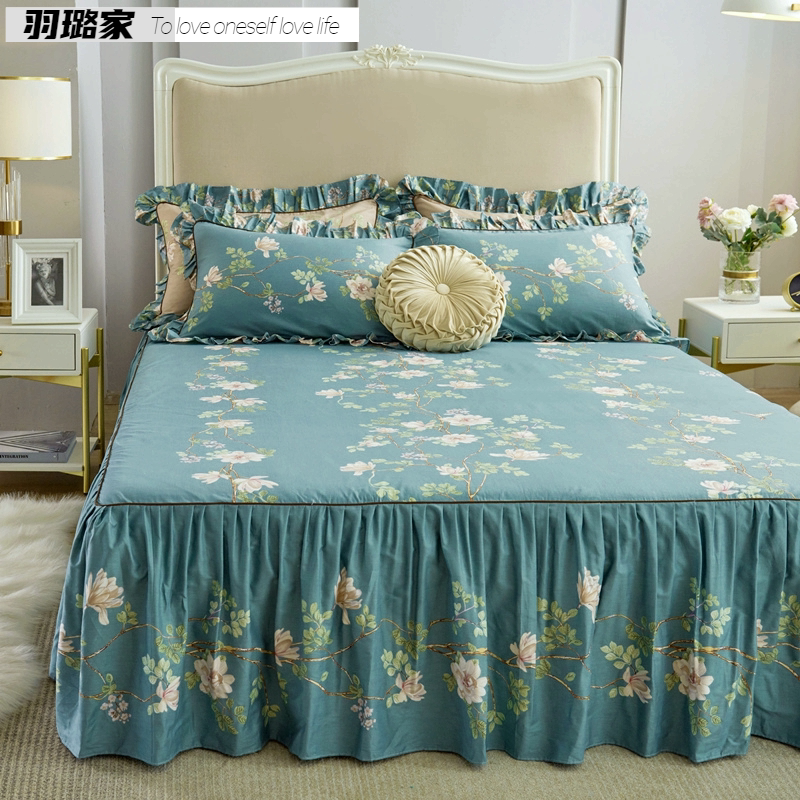 European and American style cotton bed skirt bed cover one piece three piece set pure cotton princess lace non-slip bed sheet fitted cover