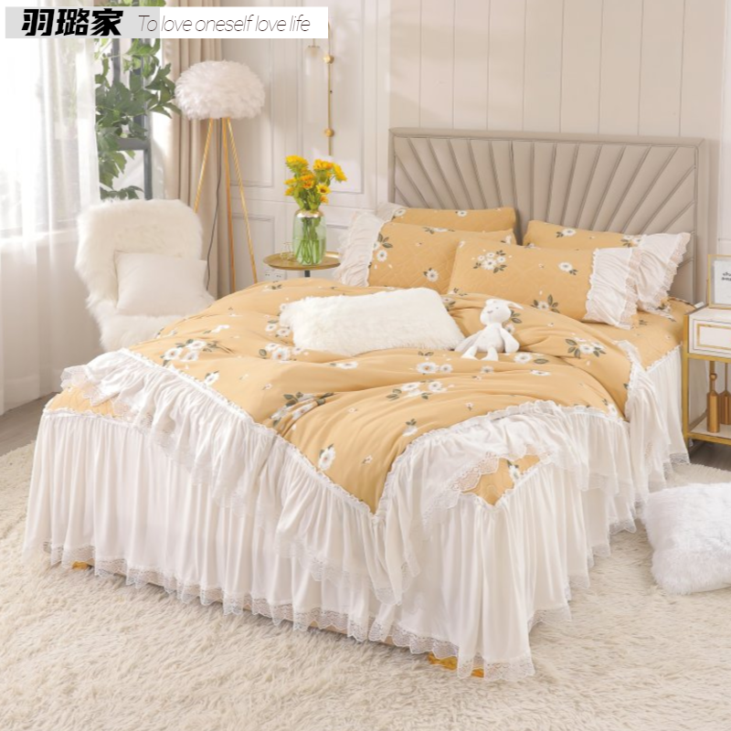 Korean version Princess lace knit full cotton latex bed Accessories Pure color clip cotton bed Skirt Style Four pieces of bed cover 4 pieces