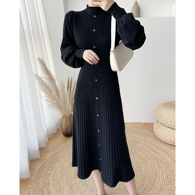 Autumn and winter half turtleneck knitted dress Korean version of the slim card with long lantern sleeves bottoming skirt with sweater skirt inside