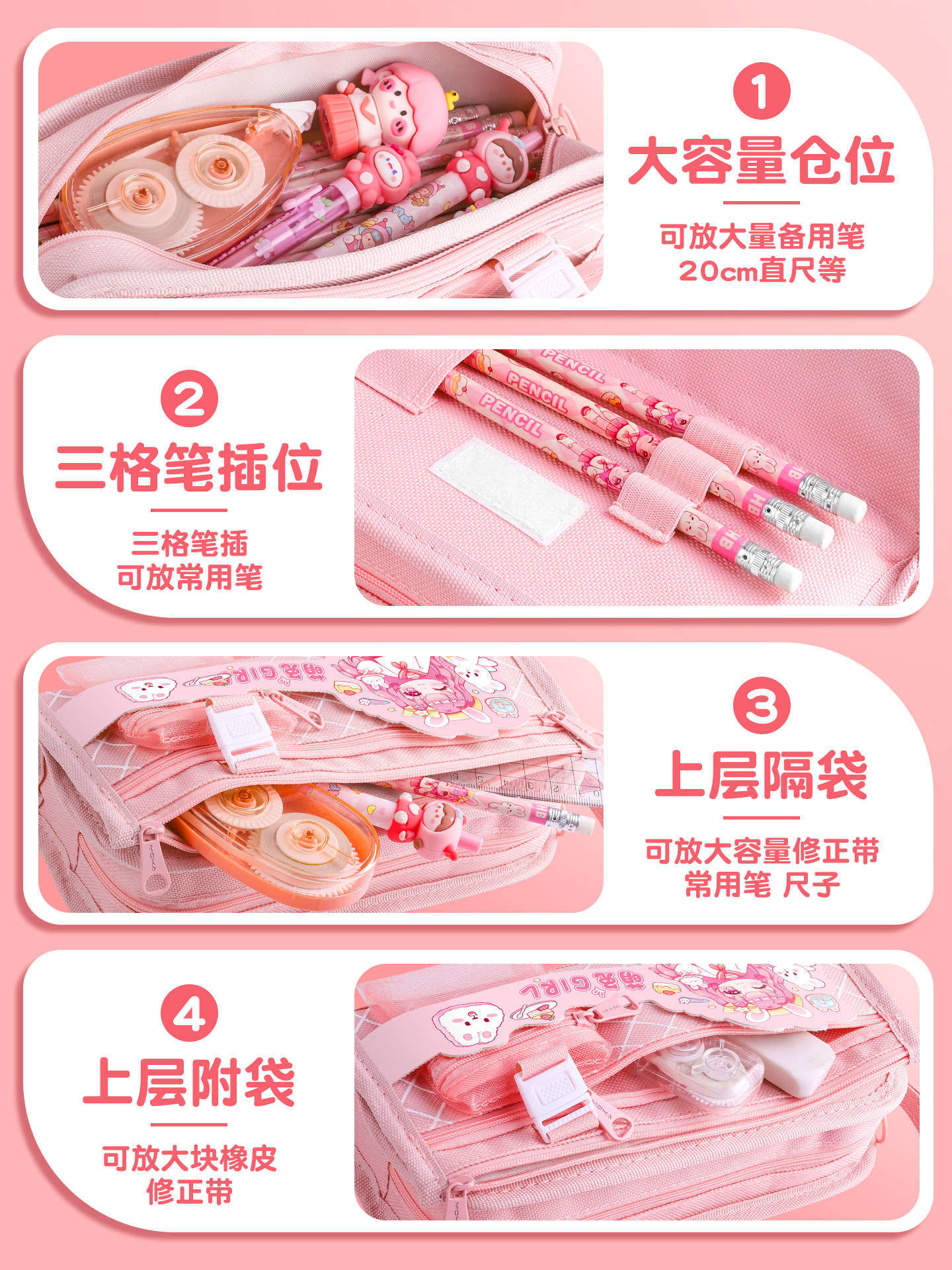 Stationery Box for Girls, 2024 New Model, Multifunctional Stationery Bag for Primary School Students, 2025 Super Popular Cartoon Style, Princess Style Pencil Case, Thickened Pencil Case for Boys, Large Capacity Mesh Pencil Bag with Coin Purse