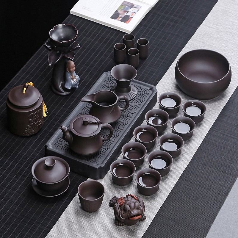 High-end Purple Sand Kung Fu tea set Household tea pot cover bowl Chinese retro style business gift box Tea tray set