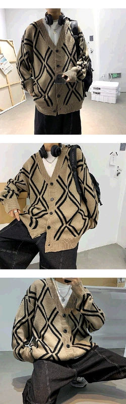 Màu đỏ ròng mùa thu và mùa đông mới áo len nam dài tay Hàn Quốc giản dị retro cardigan xu hướng lỏng lẻo trong áo len đan lười - Áo len thể thao / dòng may