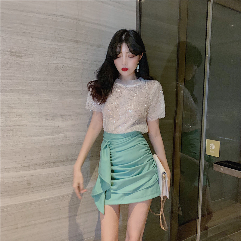 2020 Spring / Summer New sequin Top ngắn tay áo thun nữ Tide và High Waist Hip váy hai mảnh Set