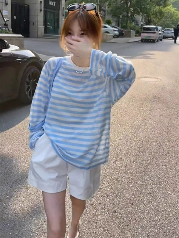 Blue Striped Sun Protection Blouse for Women 2026 Summer Thin Cool Ice Silk Long-Sleeved T-Shirt Loose Outerwear Top Blue Striped Sun Protection Blouse for Women 2026 Summer Thin Cool Ice Silk Long-Sleeved T-Shirt Loose Outerwear Top