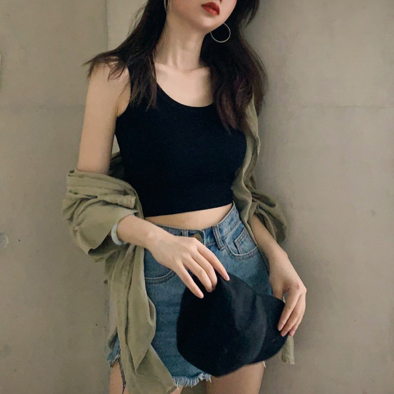 2022 Spring Women's Dress Inside Lap Pure Color Sleeveless Elastic Harnesses Vest Short minimalist Skinny Exterior Wearing Blouse