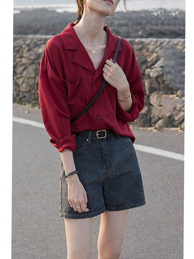 2022 Spring new women's clothing relaxed V collar shirt long sleeve red foreign shirt small crowdsourced design sensation blouse
