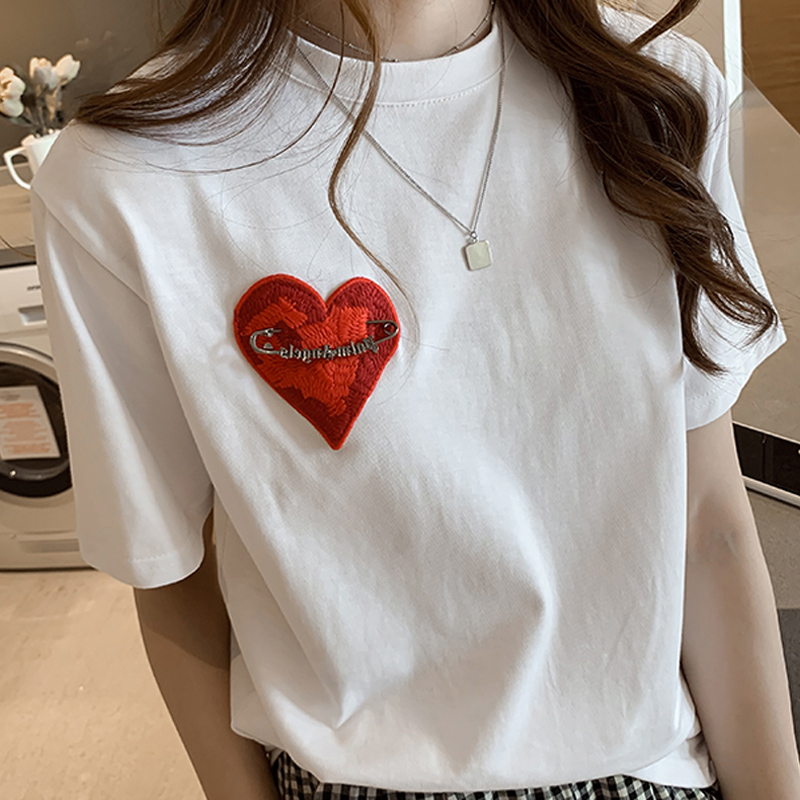 Love embroidery T-shirt women's 2021 summer new loose and wild short-sleeved top thin Western style half-sleeve base shirt
