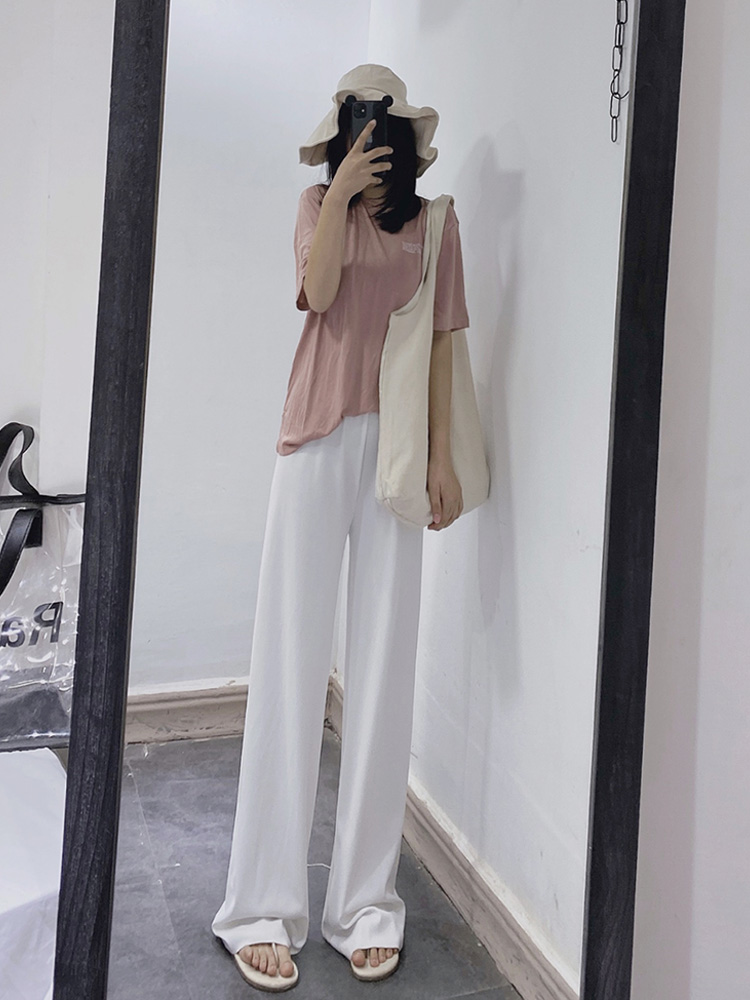 White wide pants women's summer new high waist thin section hanging ice silk mopping pants loose straight knitted casual pants