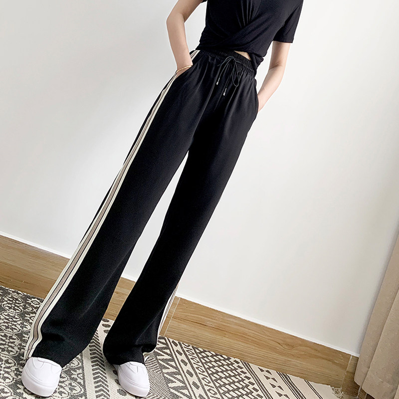 Striped wide pants woman 2022 spring autumn new high waist straight cylinder casual pants loose with large size sports pants