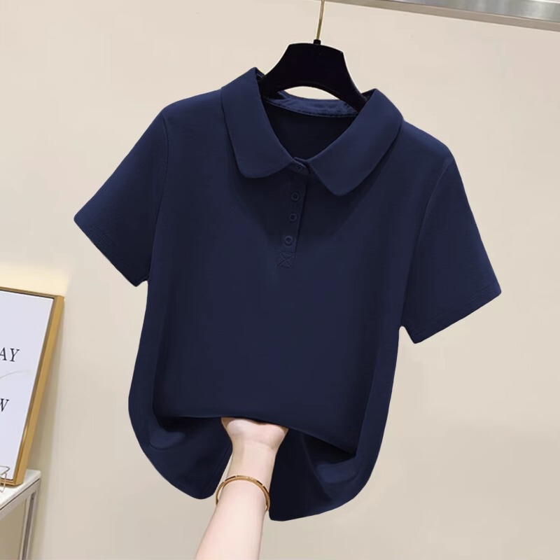 Navy Blue Lapel Short-Sleeved T-Shirt for Women, Summer Loose Fit, Slimming, Casual, Plus Size Printed Polo Shirt Top Navy Blue Lapel Short-Sleeved T-Shirt for Women, Summer Loose Fit, Slimming, Casual, Plus Size Printed Polo Shirt Top