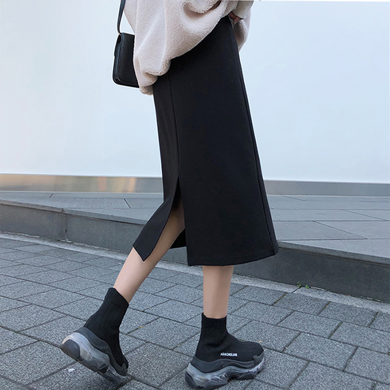 Skirt women's 2022 autumn and winter new mid-length version high waist slit A-line long skirt woolen skirt suit bag hip skirt