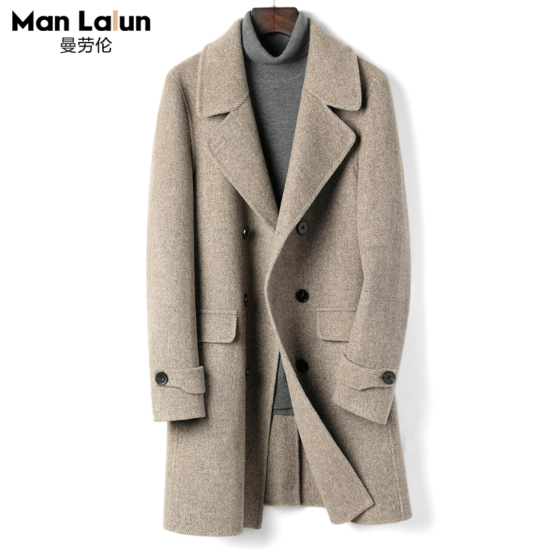 100% Australian Wool Double-Sided Wool Coat for Men, Double-Breasted, Slim Fit, Casual Jacket, Fashionable Mid-Length High-Quality Trench Coat