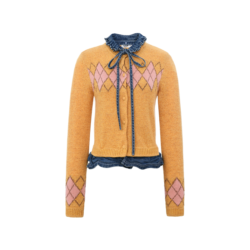 Lefame 2026 New Autum Fashion Denim Ruffle Collar Quilted Sheep Wool Knitted Cardigan for Women Lefame 2026 New Autum Fashion Denim Ruffle Collar Quilted Sheep Wool Knitted Cardigan for Women